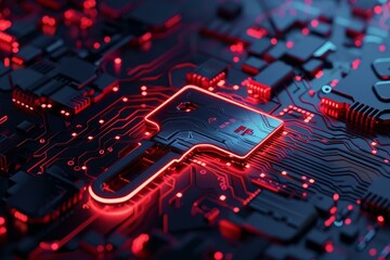 Poster - red glowing key shape on a circuit board symbolizing cybersecurity and data protection