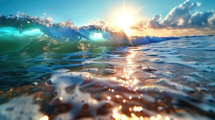 Poster - The sun shines on the sea, with gentle waves and crystal-clear water. The sunlight reflects off the surface of the sparkling light blue ocean, creating a beautiful scene.