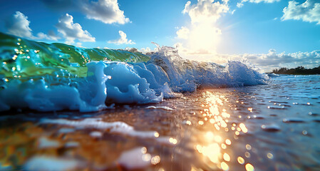 Poster - The sun shines on the sea, with gentle waves and crystal-clear water. The sunlight reflects off the surface of the sparkling light blue ocean, creating a beautiful scene.