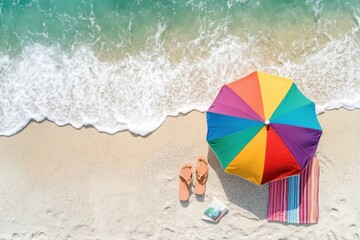 Wall Mural - a top-down view of a colorful beach umbrella and towel set up on the sand, with flip-flops and a boo