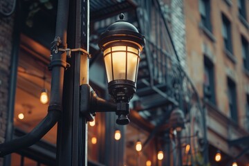 Old fashioned street lamp is glowing at twilight, casting warm light on the brick facade of a building in the city