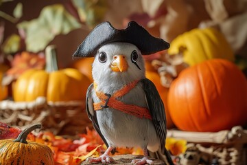 A charming bird in a pirate costume poses among colorful autumn foliage and pumpkins, setting a delightful seasonal scene perfect for Halloween and festive decoration.