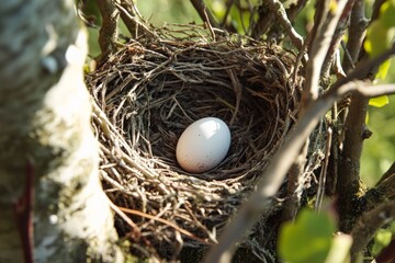 A solitary white egg is nestled in a natural, rustic twig nest perched in a tree, symbolizing themes of new beginnings, life, and nature's intricate cycles.