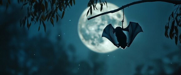 Poster - A bat hangs upside down from a branch with a full moon in the background.