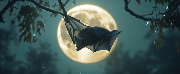 Poster - A bat hangs upside down from a branch with a large full moon in the background.