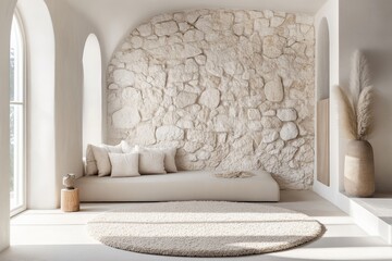 Poster - Sunny minimalist living room with a striking stone accent wall, featuring a simple cream sofa, large textured rug, and elegant natural decor elements for warmth.