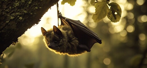 Poster - A brown bat hanging upside down from a tree branch with its wings spread out, illuminated by the warm glow of the setting sun.