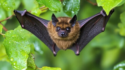 Poster - A brown bat with large ears and outstretched wings hangs upside down in a green leafy tree.