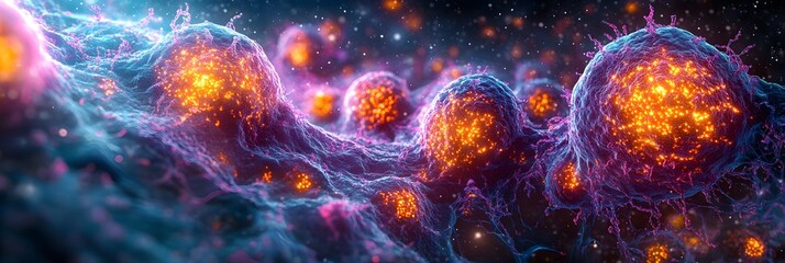 Aufkleber - A captivating microscopic image showcasing the dynamic,energetic explosion of vibrant,glowing particles and spheres within a cellular or molecular structure.