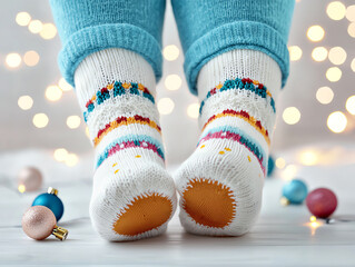 Cozy holiday cheer festive socks with colorful lights pattern and relaxed feet propped up in a warm setting