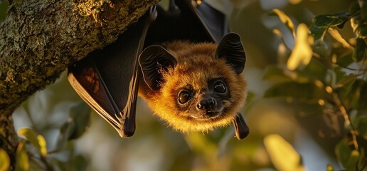 Poster - A close-up of a bat hanging upside down from a tree branch, with its fur catching the sunlight.