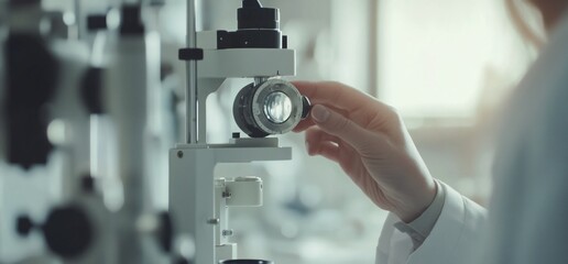 Aufkleber - A close-up of a scientist's hand adjusting the lens of a microscope in a laboratory setting.