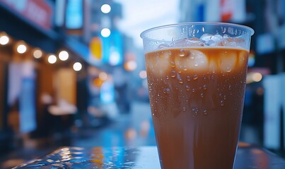 A close-up of an iced coffee drink in a plastic cup with condensation on the outside, on a wet table with a blurred city street in the background.