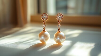 Poster - Delicate rose gold drop earrings dangling pearls isolated on a clean minimalistic background exuding a refined and elegant charm