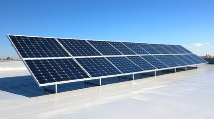 Solar panels installed on a rooftop under a clear blue sky.