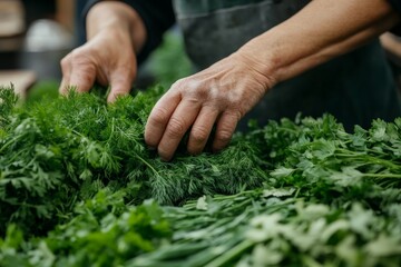 Poster - Hands skillfully handling bunches of fresh herbs, such as dill and parsley, in a bustling market environment, emphasizing freshness and culinary potential.