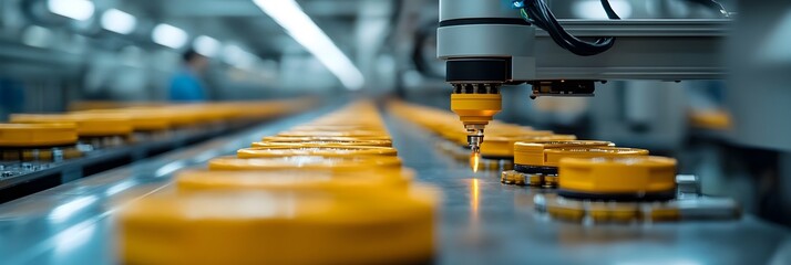 Poster - Automated industrial manufacturing process with robotic arms and conveyor belt in modern factory. Advanced technology,high-precision engineering.