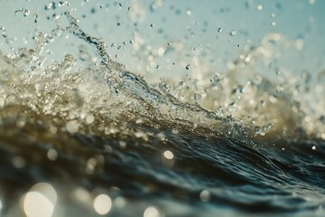 Aufkleber - This image captures a stunning close-up of water droplets splashing dynamically, illuminated beautifully by natural sunlight, creating a vivid and lively scene.