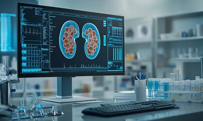 Poster - A computer monitor in a laboratory displays a 3D model of human kidneys, with the surrounding area showing laboratory equipment.