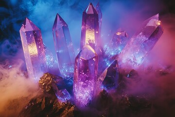 Poster - The image presents a stunning collection of blue and pink crystals, illuminated in a hazy mist, creating a fascinating visual effect of brilliance and depth.
