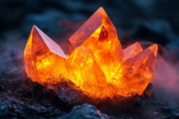 Poster - Radiant orange crystals cast a warm glow across a dark rocky landscape, providing a luminous focal point amidst the surrounding shadows and ambiance.