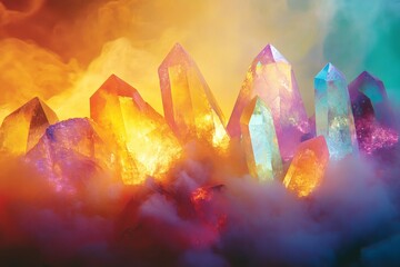Poster - An enchanting vision of vibrant crystals casting a mesmerizing multicolored glow amidst swirling mist, symbolizing magic, wonder, and the beauty of nature's palette.
