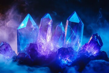 Poster - Magical clusters of purple and blue crystals stand amidst swirling fog, creating an otherworldly scene filled with charm and allure.