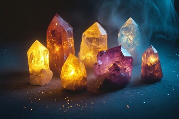 Poster - Amethyst crystals vibrantly glow against a smoky background, their radiant light creating a magical scene that captures the imagination and invites introspection.