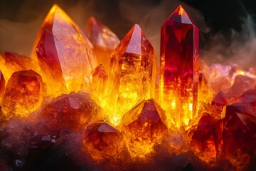 Poster - Glowing red crystals with intense light shine brightly in surrounding mist, creating a surreal atmosphere that exudes mystery and captivates the imagination.