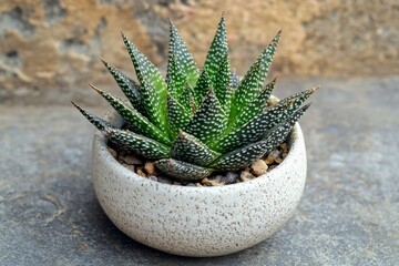 Aufkleber - An Aloe succulent with its characteristic dotted leaves is stylishly presented in a white ceramic pot filled with gravel, capturing botanical harmony and elegance.