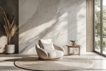 Aufkleber - A serene modern living room interior featuring a stylish armchair, bathed in natural light, demonstrating elegant minimalism and contemporary design aesthetics.