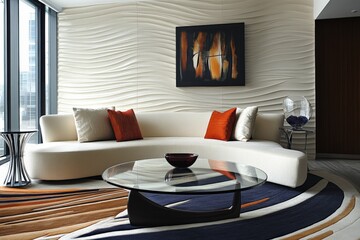Aufkleber - A chic living room features a wavy wall, abstract art, cream curved sofa with orange cushions, sleek glass coffee table, modern rug and ample light from large windows.