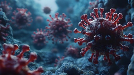 Poster - Close-up microscopic view of the molecular structure and cells of the dangerous coronavirus COVID-19 during critical medical research and laboratory analysis of the global pandemic outbreak.