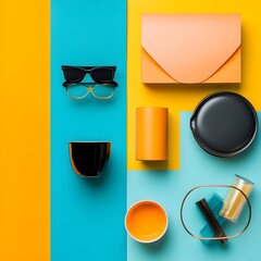 Wall Mural - Minimalist Geometric Shapes with Sunglasses and Glasses on Blue and Yellow Background