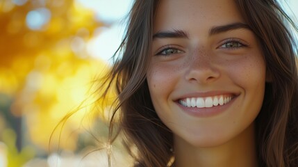 A close-up of a smiling woman outdoors in soft autumn light, with warm golden leaves blurred in the background, highlighting her radiant smile and freckles.