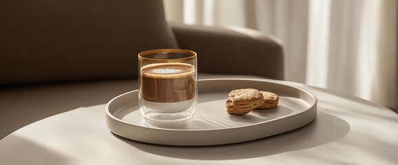 A glass of coffee and two cookies on a tray on a white table.