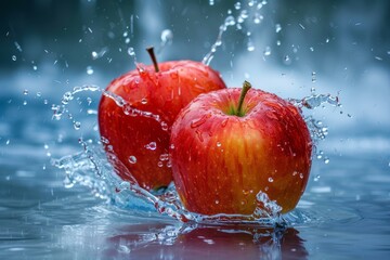 Two ripe red apples are making a splash as they are dropped into clear, clean water