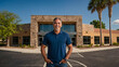 © Pablicus - Latin wellness center owner looking at the camera smiling with blue polo shirt standing outside of a building.