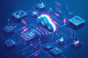 Poster - Illustration of a digital system with interconnected devices and cloud computing
