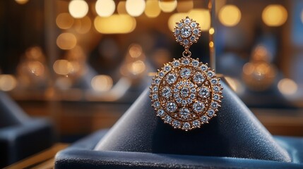 Poster - Diamondstudded earrings set elegant gold filigree placed on a luxurious display with soft velvet and satin glowing under warm lights