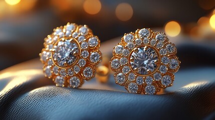 Fototapete - Diamondstudded earrings set elegant gold filigree placed on a luxurious display with soft velvet and satin glowing under warm lights