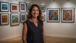 © Pablicus - Latin female art gallery owner smiling at the camera in front of a wall of art