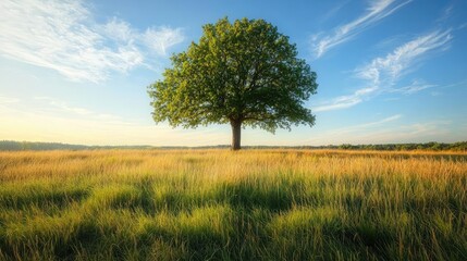 Poster - Lone green tree standing in a bright field under a clear blue sky.