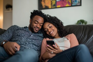 A happy couple sits comfortably on their living room sofa, sharing cheerful moments while looking at a smartphone together, surrounded by a cozy, modern interior.