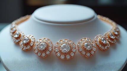 Poster - Elegant 3D gold diamond jewelry set featuring a delicate necklace and matching earrings arranged on a white backdrop for a luxurious and sophisticated appearance