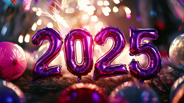 2025 written with colorful foil balloon numbers, confetti, and colorful balloons on a black background