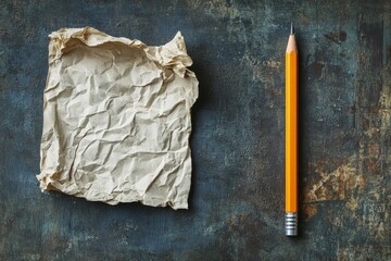 A crumpled piece of brown paper lies beside a traditional yellow pencil, symbolizing creativity, ideas, and the process of bringing concepts to life.