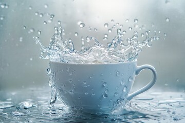 Poster - A dramatic water splash bursts out from an overflowing cup in a dynamic capture, illustrating energy, motion, the overflow of ideas, and unpredictable concepts.
