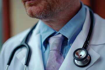 Doctor is wearing a stethoscope around his neck and a white coat