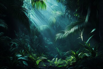 Poster - A vibrant tropical jungle drenched in sunlight, featuring dense, green foliage and casting a sense of tranquility and connection with nature.